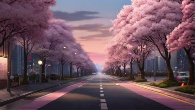 the street was quiet towards evening, the flowers were blooming beautifully. seamless looping 4k time-lapse animation video background