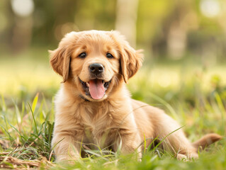 Golden hour with a golden retriever, sun-kissed fur, and soulful eyes in a serene park setting