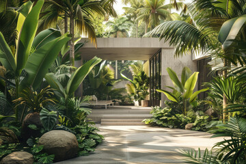 3D rendering of tropical house with many plants