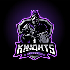 Knight holding sword and shield for esport gaming logo