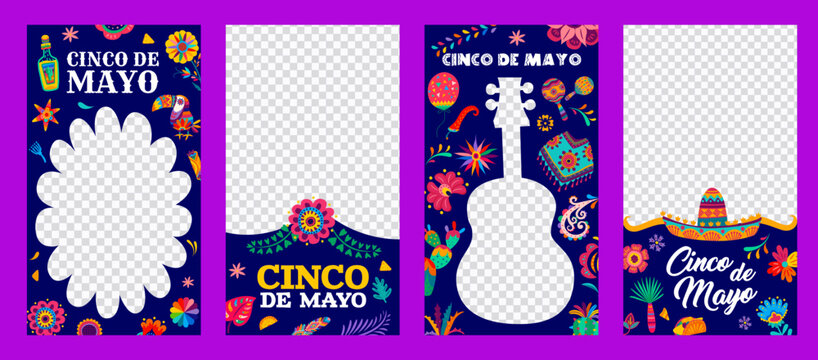 Cinco de Mayo mexican holiday social media templates with flower and guitar vector frames on transparent background. Mexico fiesta sombrero, maracas, tequila and cactus, chili, pinata and tex mex taco