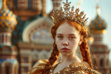 A girl with red hair dressed like a queen with braids in a golden rich dress and a golden crown