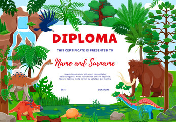 Naklejka premium Kids diploma with cartoon dinosaurs and dino characters in tropical forest, vector education certificate. Funny Jurassic and ice age animals, mammoth and exotic bird with dino for kindergarten diploma