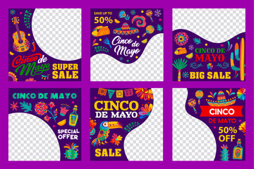 Cinco de Mayo mexican holiday big sale special offer banners templates. Vector guitar, sombrero, tequila and maracas, tropical flowers, cactus and chili social media web post layouts with papel picado