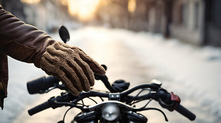 Closeup woman biker with glove safety ride acceleration speed control, hand holing handbrake on motorcycle vehicle and nature background.  generative ai  - obrazy, fototapety, plakaty