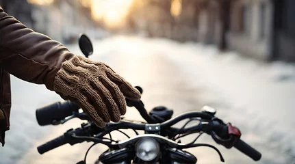 Fotobehang Closeup woman biker with glove safety ride acceleration speed control, hand holing handbrake on motorcycle vehicle and nature background.  generative ai  © sajid