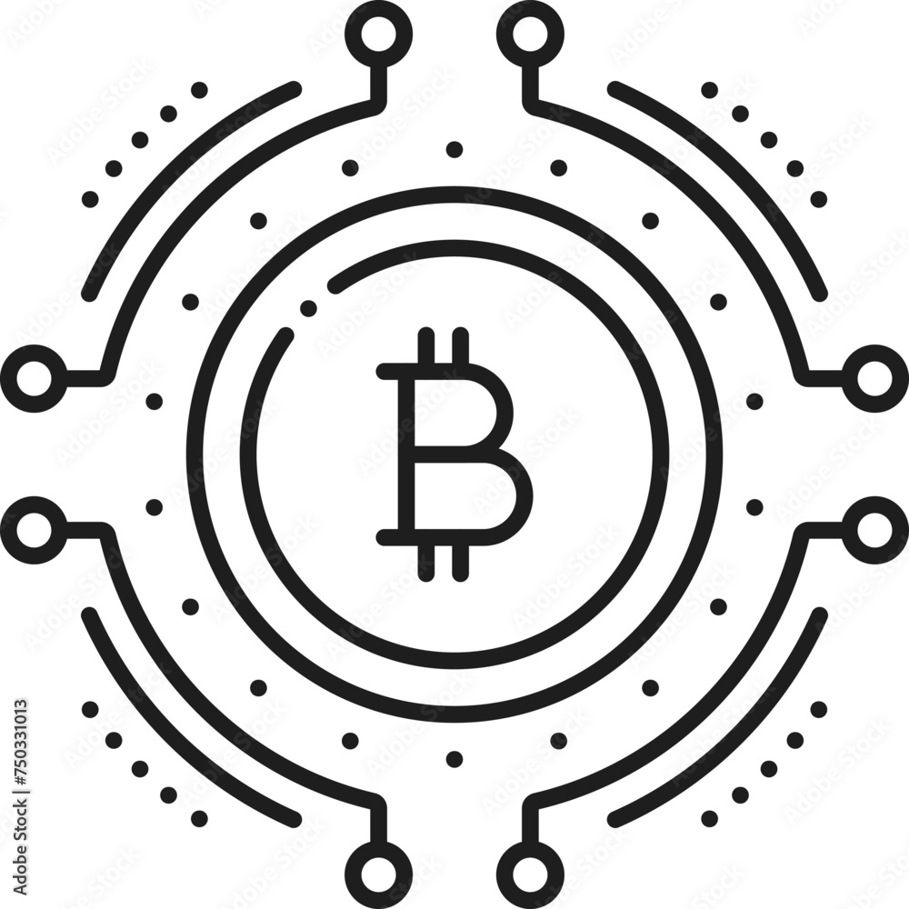 Aufkleber Bitcoin cryptocurrency transaction, blockchain technology, fintech linear icon. Blockchain technology, digital commerce, fintech thin line vector icon with computer motherboard traces, bitcoin coin