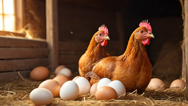 Different sized eggs from free range flock. Creative Banner. hen lays eggs at a chicken coop in a group of chickens at a bio farm. Generative Ai