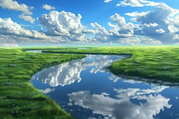 crystal-clear river winds its way through a lush green meadow, with fluffy white clouds drifting across a bright blue sky