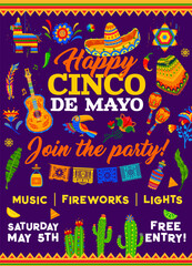 Cinco de mayo holiday party flyer. Vector invitation poster with traditional Hispanic sombrero, guitar, poncho and cacti. Pinata, tropical flowers, papel picado flags and maracas with tequila bottles