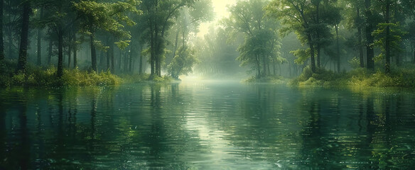 Morning in the forest with lake. Created with Ai