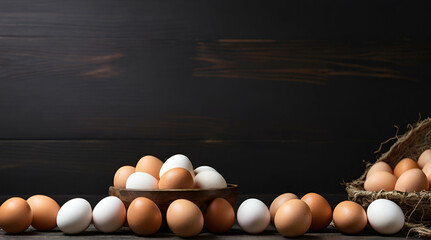 Different sized eggs from free range flock. Creative Banner. hen lays eggs at a chicken coop in a group of chickens at a bio farm. Generative Ai - obrazy, fototapety, plakaty