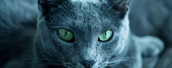 Russian Blue cats sleek fur and glowing green eyes, in a calm, reflective moment - obrazy, fototapety, plakaty