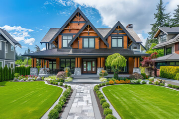 Fototapeta na wymiar Beautiful exterior of newly built luxury home. Yard with green grass and walkway lead to ornately designed covered porch and front entrance, flowers garden