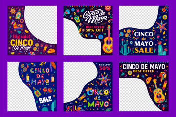 Mexican Cinco De Mayo holiday sale banners for promo or best offer, vector posters. Mexican sombrero, guitar, tequila and pinata with tropical flowers background for holiday sale or discount promotion