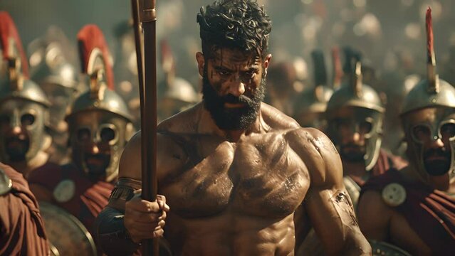 A muscular warrior with a fierce expression standing tall in front of his comrades his spear held firmly in his hand.