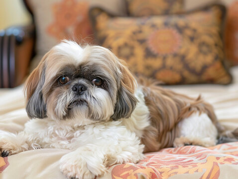 Shih Tzus luxurious coat and warm, inviting eyes, in a pampered indoor setting