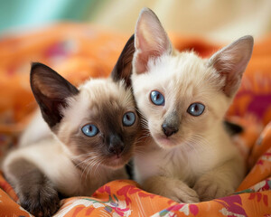 Siamese cats sleek body and almond-shaped eyes, in a striking, contrast-filled portrait - obrazy, fototapety, plakaty