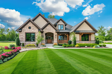 Beautiful exterior of newly built luxury home. Yard with green grass and walkway lead to ornately designed covered porch and front entrance, flowers garden - obrazy, fototapety, plakaty