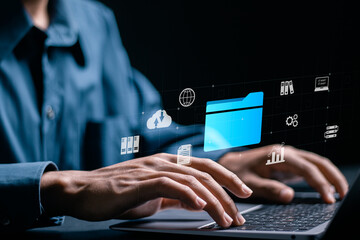 DMS, Document Management System concept, Search and manage document database files online. Person use laptop with document icon on virtual screen for online documentation database.