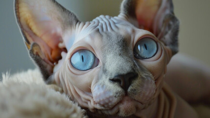 Sphynx cats captivating eyes and unique skin texture, showcasing beauty in difference