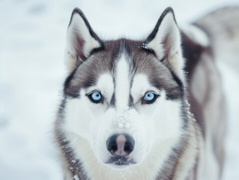 Siberian husky with ice-blue eyes and thick fur, contrasting with a snowy background