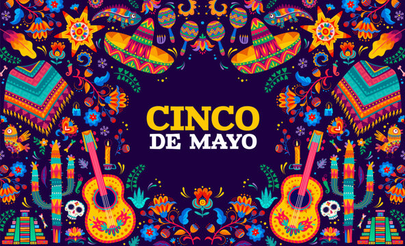 Cinco de mayo Mexican holiday banner. Greeting card with cartoon vector guitars, sombrero, chameleon, flowers and calavera sugar skull. Pyramid, bones, candle and maracas with pinata in alebrije style