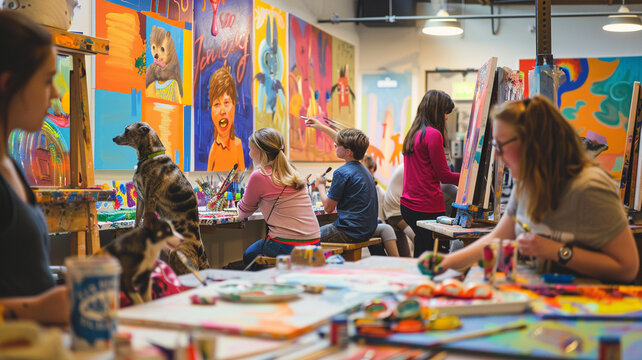 Vibrant painting class with pets, creativity and colorful chaos
