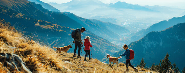 Active family and dogs hiking in mountains, adventure and bonding