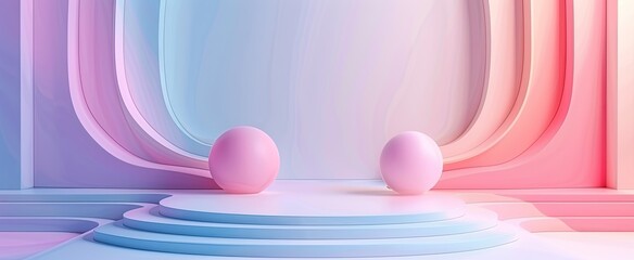 Soft pastel abstract background with pink and blue hues featuring a podium and spherical elements.