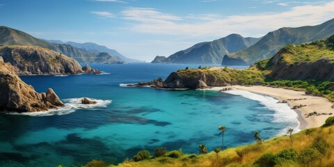 Tranquil Bay With Azure Waters Palmfringed Sands Is Hidden By Green Hills