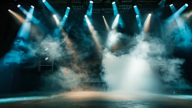 A dark empty stage with spotlights above and smoke rising