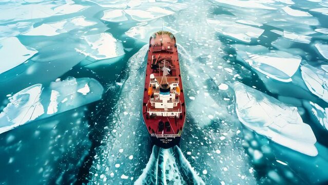 An ice breaker breaking ice, aerial view