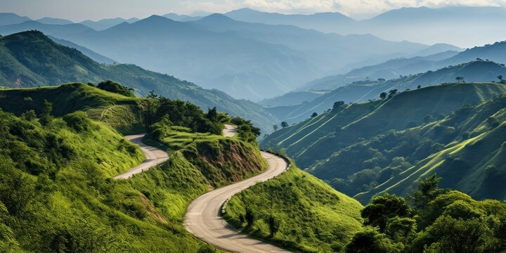 Winding Road Cuts Path Through Lush Green Mountains Hazy Sky