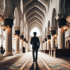 Rear view of a Muslim man walking in the mosque. Muslim, Ramadan Kareem, and religion concepts.