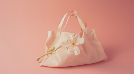 a pink tote bag with a single pink flower rests on a pastel pink backdrop