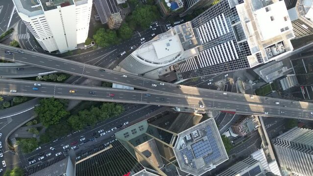 Aerial video of skyscrapers and roads in the city of Sydney, Australia