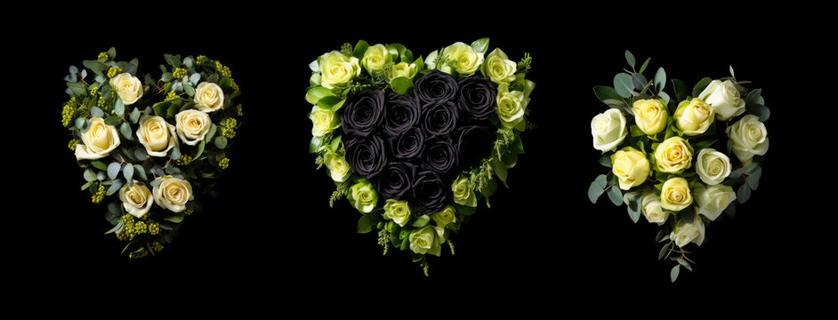 Heart shapes with black, green, light yellow, beige and cream roses. Dark flower love hearts with green and yellow floral ornaments on black flat background. Generative AI.