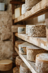 Cheese made from cow milk, stored on wooden shelves for maturation