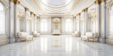 Luxury Interior of Royal Palace. White and Gold Marble Castle Hall. Palace Interior background. Beautiful Wedding Background in classic style - obrazy, fototapety, plakaty