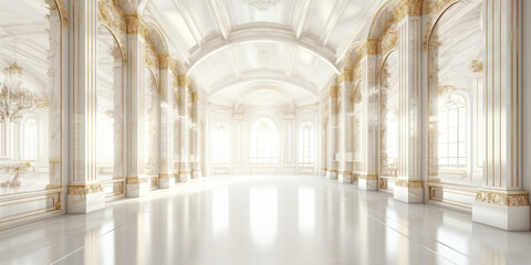 Palace Interior background. Luxury Interior of Royal Palace. White and Gold Marble Castle Hall. Posh and Rish Wedding background