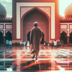 Muslim man in traditional clothes walking in the mosque. Ramadan Kareem, eid fitr and muslim concept.