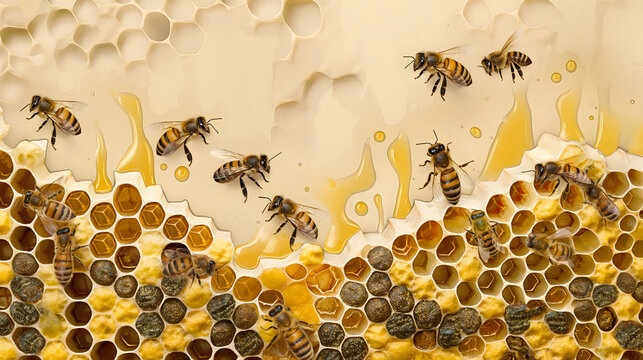 Cross-sectional illustration of Honeycomb, Bees, and Nectar. The process of extracting honey from Honey bees store nectar on honeycombs