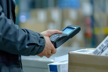 Worker scanning a package with a warehouse barcode scanner in a modern storehouse