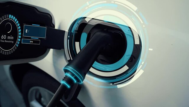 Electric car recharging in futuristic home charging station with smart digital EV battery status hologram. Technology advancement of EV car and home energy infrastructure for sustainable future.Peruse