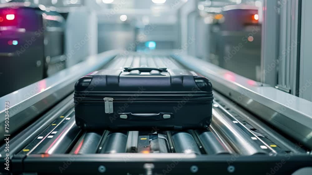 Poster a suitcase moves along a conveyor belt towards a hightech scanning machine which uses advanced imagi