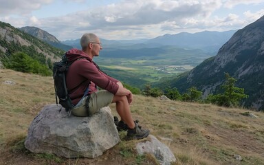 Fototapeta premium A hiker reaches the mountain peak enjoying a breathtaking view of the landscape below
