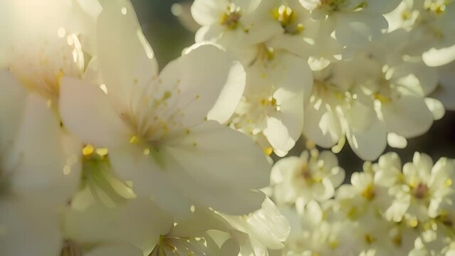 The closeup reveals a plethora of delicate white blossoms covering a cherry tree. The petals are slightly ruffled creating a soft and whimsical look. In the center of each