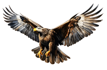 Picture brown eagle or hawk watercolor flying isolated on cut out PNG or transparent background. Realistic bird animal clipart template pattern.