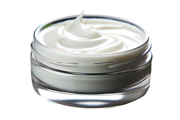 Hygienic white color paint face cream in white jar moisturizer smear. isolated on cut out PNG or transparent background. Makeup realistic cosmetics for women. Beauty facial cosmetic product texture.	
